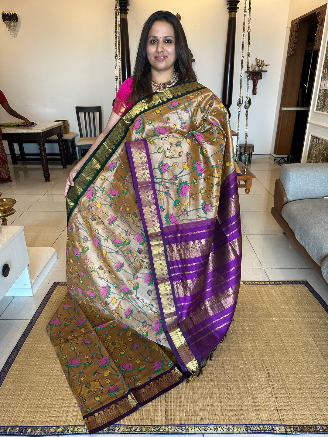 Light Gold With Purple Ganga Jamuna Border Pichwai Printed Korvai Silk Cotton Saree