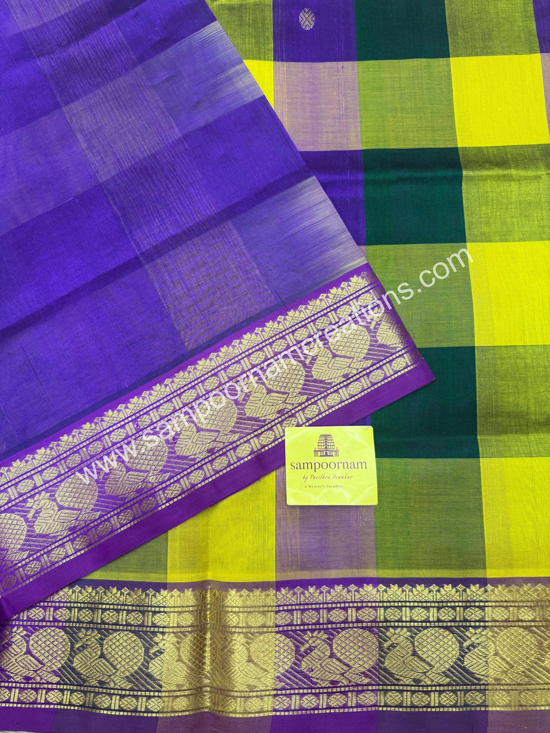 Lemon Yellow , Green , Purple with Purple , Pallum Pazham Checks with rich butta , traditional borders and rich Pallu Silk Cotton Sarees