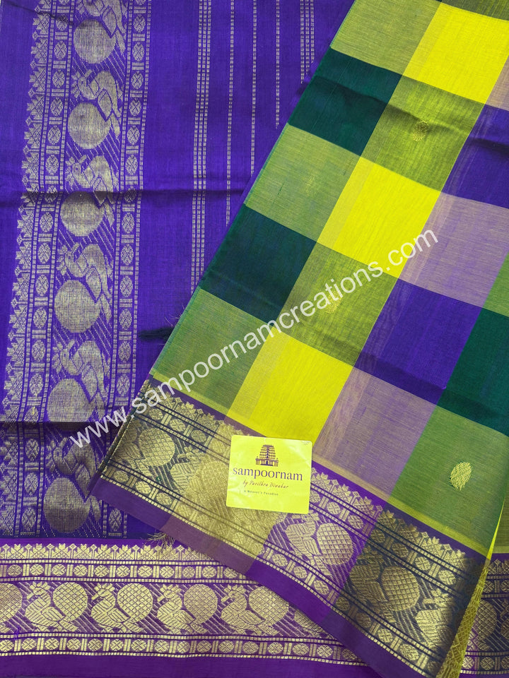 Lemon Yellow , Green , Purple with Purple , Pallum Pazham Checks with rich butta , traditional borders and rich Pallu Silk Cotton Sarees