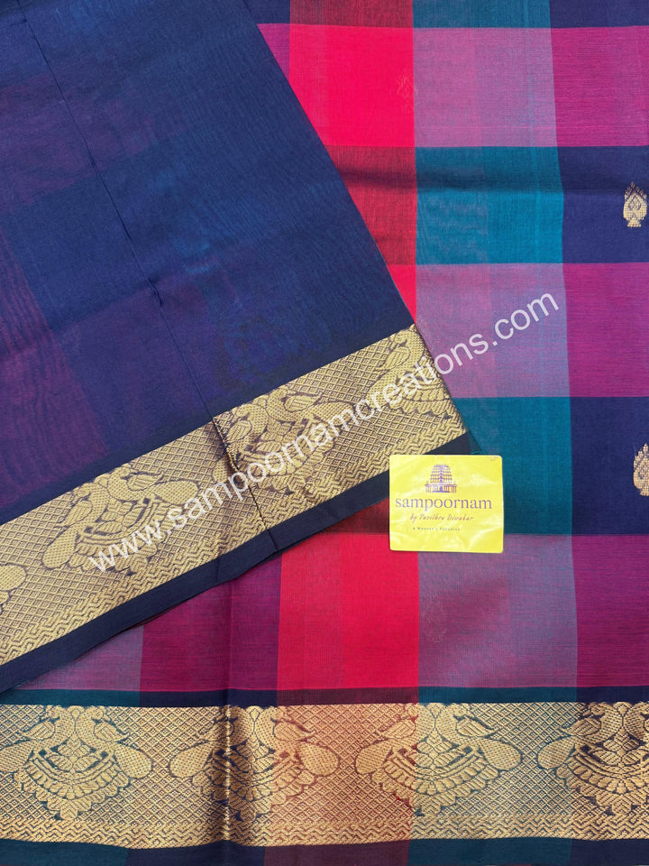 Pink , Dark Blue ,Wine with Dark Blue , Pallum Pazham Checks with rich butta , traditional borders and rich Pallu Silk Cotton Sarees