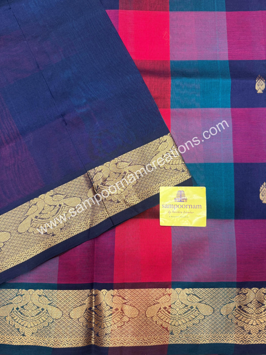 Red, Dark Blue , Green with Dark Blue ,, Pallum Pazham Checks with rich butta , traditional borders and rich Pallu Silk Cotton Sarees