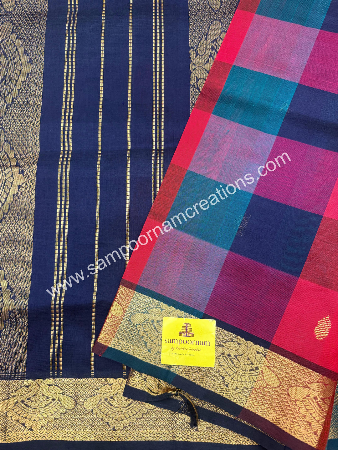 Red, Dark Blue , Green with Dark Blue ,, Pallum Pazham Checks with rich butta , traditional borders and rich Pallu Silk Cotton Sarees
