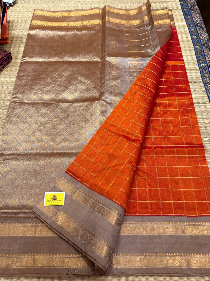 Rust Orange with Dark Beige rettapet traditional borders rich zari checks in the body and rich Pallu Korvai Silk Cotton Saree