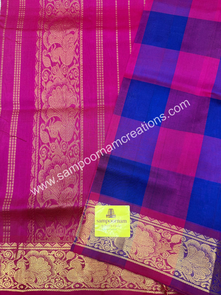 Blue , Pink , Purple with Pink , Pallum Pazham Checks with rich butta , traditional borders and rich Pallu Silk Cotton Sarees