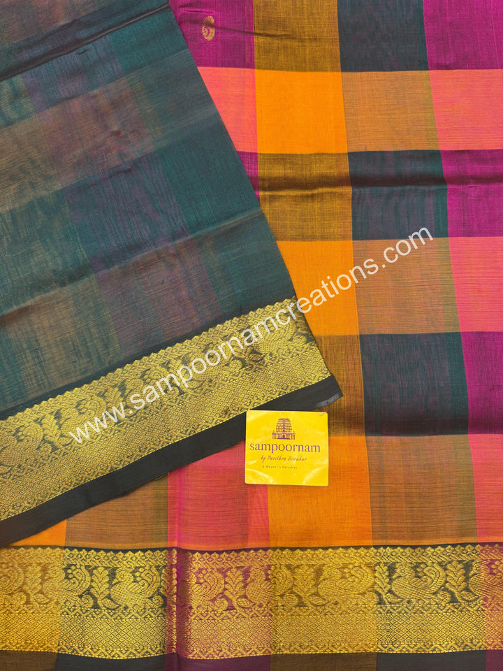 Dark Green ,Magenta ,Mustard with Green , Pallum Pazham Checks with rich butta , traditional borders and rich Pallu Silk Cotton Sarees