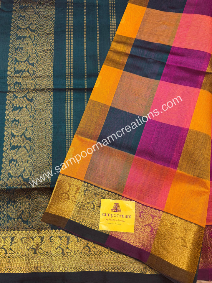 Dark Green ,Magenta ,Mustard with Green , Pallum Pazham Checks with rich butta , traditional borders and rich Pallu Silk Cotton Sarees