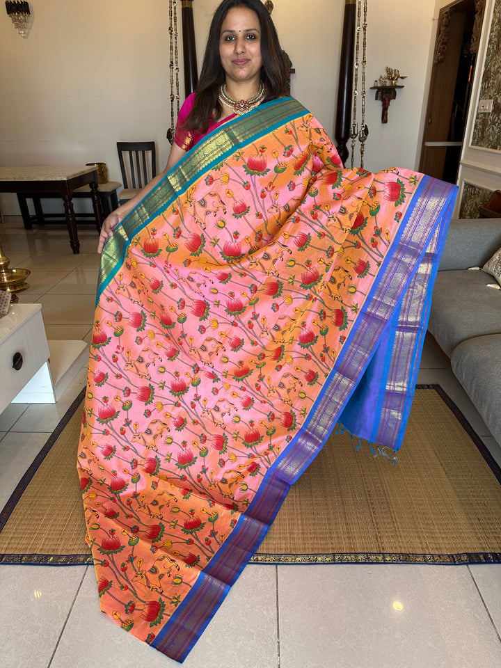 Peachish Pink with Ganga Jamuna Border Pichwai Printed Silk Cotton Saree