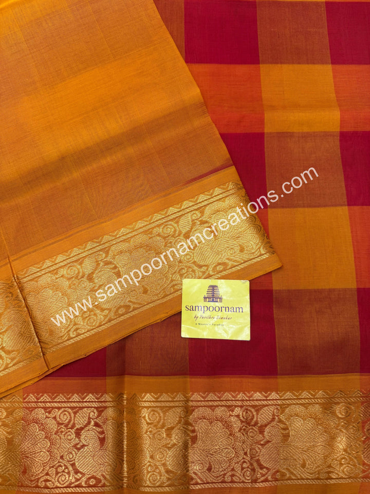 Red, Orange, Manjal with Manjal , Pallum Pazham Checks with rich butta , traditional borders and rich Pallu Silk Cotton Sarees