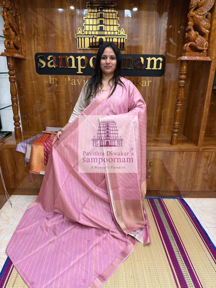 Baby Pink Deep Red with Lehariya prints and small embroided mirror work in the body and border, tissue borders and pallu, VEGAN Saree