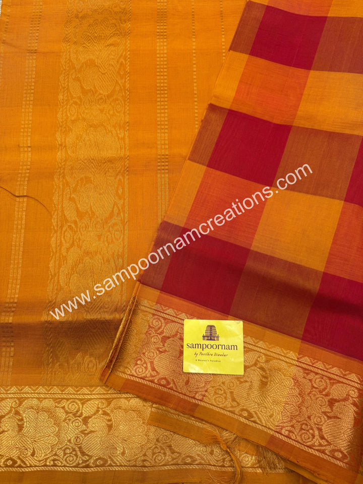 Red, Orange, Manjal with Manjal , Pallum Pazham Checks with rich butta , traditional borders and rich Pallu Silk Cotton Sarees