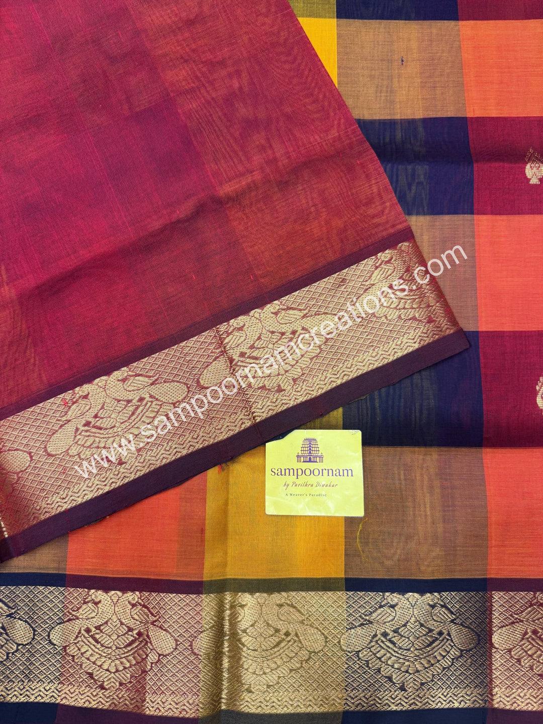 Maroon ,Orange, Manjal with Maroon, Pallum Pazham Checks with rich butta , traditional borders and rich Pallu Silk Cotton Sarees