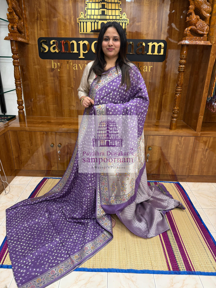 Lilac with Silver Zari ,Bandhini with Zari motifs in the body and Paithani Zari borders and Pallu with Banarasi blouse , Pure Vegan Silk Saree