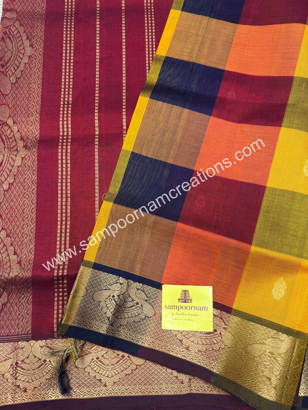 Maroon ,Orange, Manjal with Maroon, Pallum Pazham Checks with rich butta , traditional borders and rich Pallu Silk Cotton Sarees