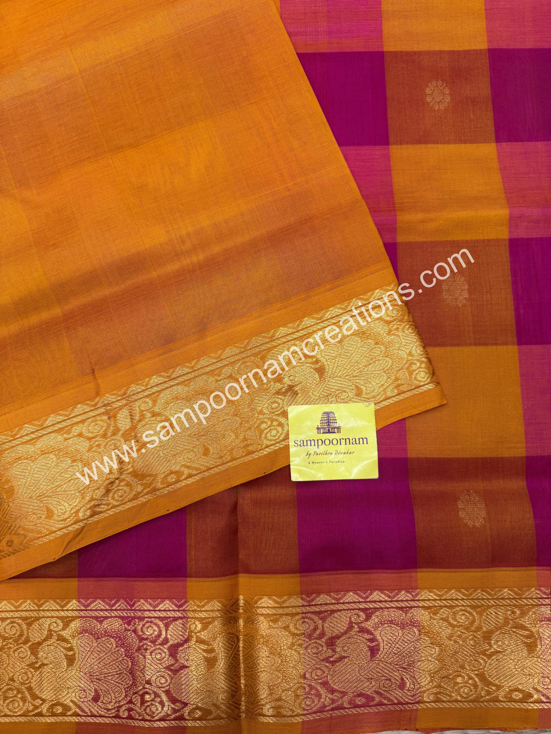Orange , Manjal , Pink with Manjal , Pallum Pazham Checks with rich butta , traditional borders and rich Pallu Silk Cotton Sarees