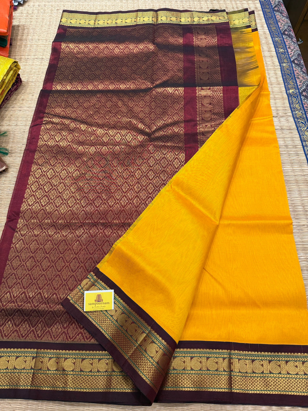 Mambazha Manjal with Araku , traditional borders and rich Pallu Korvai Silk Cotton Saree