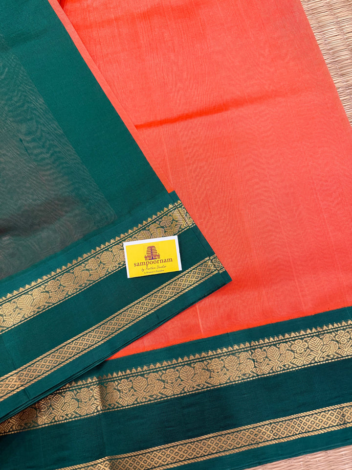 Kanakambaram with Green , traditional Kanchi borders  and rich Pallu  Korvai Silk Cotton Saree