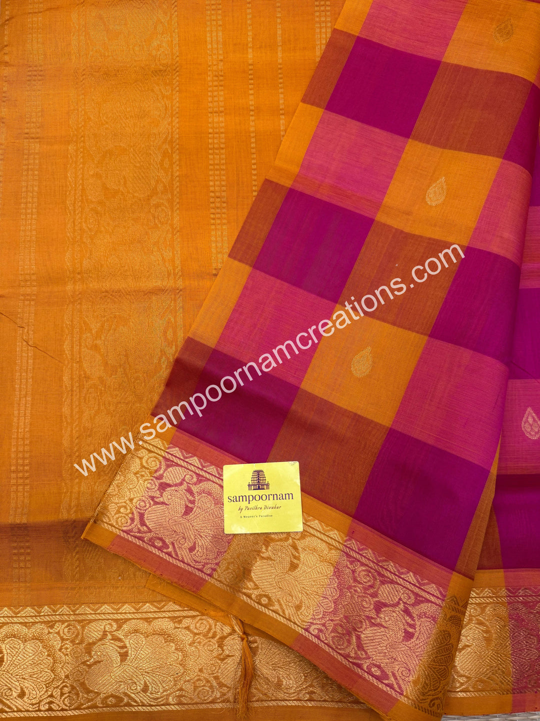 Orange , Manjal , Pink with Manjal , Pallum Pazham Checks with rich butta , traditional borders and rich Pallu Silk Cotton Sarees