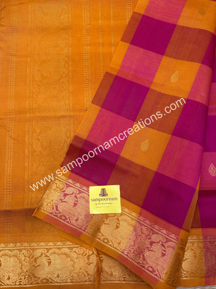 Orange , Manjal , Pink with Manjal , Pallum Pazham Checks with rich butta , traditional borders and rich Pallu Silk Cotton Sarees
