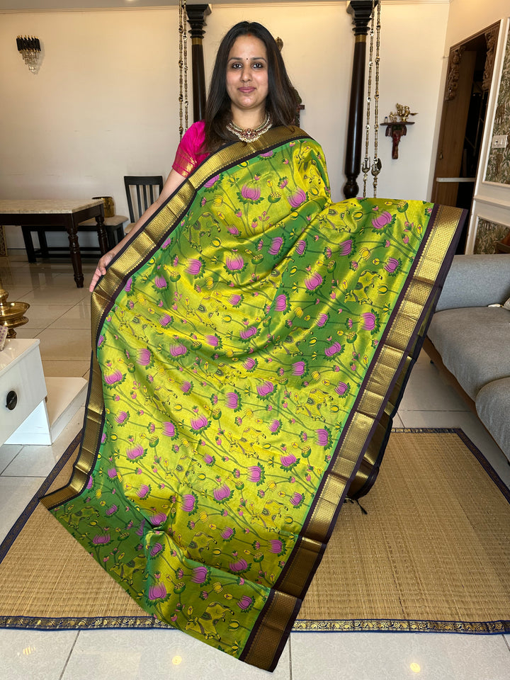 Green with Brown Pichwai Printed Korvai Silk Cotton Saree