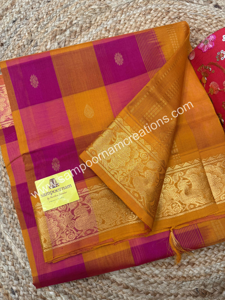 Orange , Manjal , Pink with Manjal , Pallum Pazham Checks with rich butta , traditional borders and rich Pallu Silk Cotton Sarees