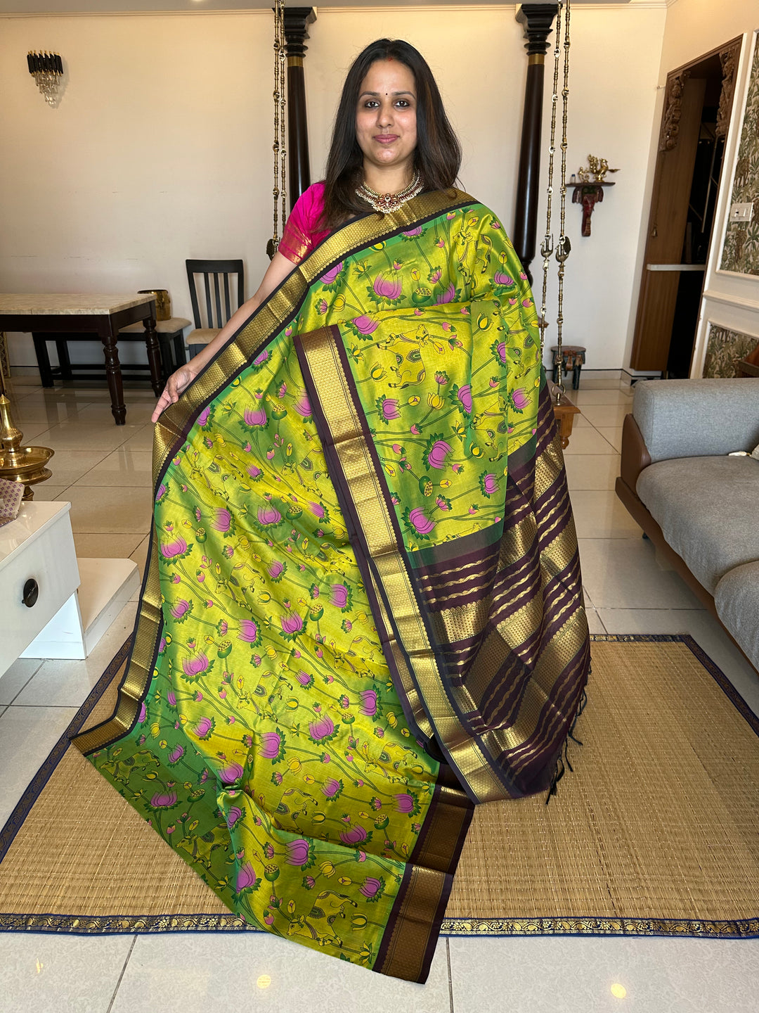 Green with Brown Pichwai Printed Korvai Silk Cotton Saree