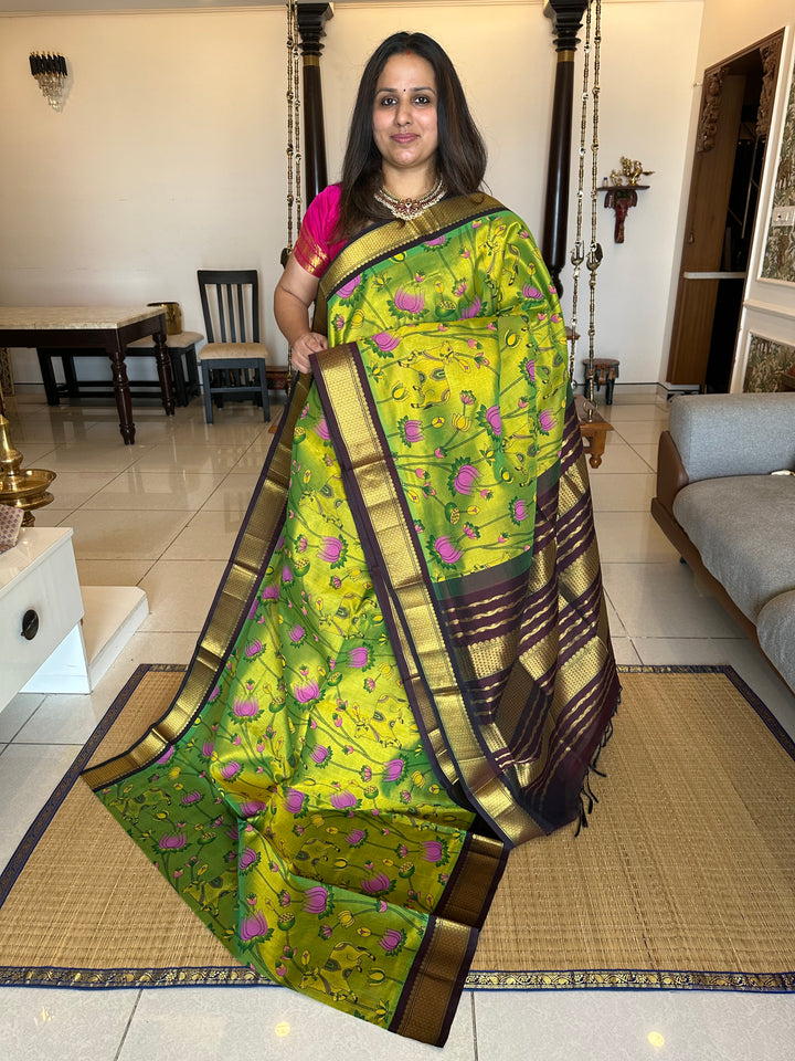 Green with Brown Pichwai Printed Korvai Silk Cotton Saree