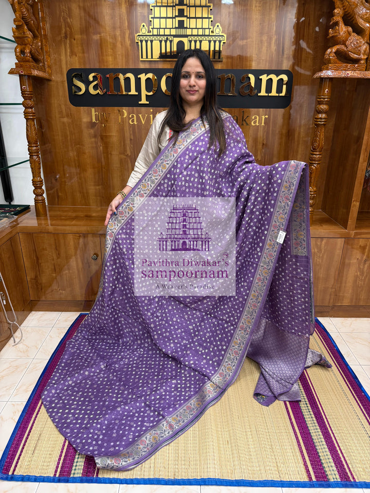 Lilac with Silver Zari ,Bandhini with Zari motifs in the body and Paithani Zari borders and Pallu with Banarasi blouse , Pure Vegan Silk Saree