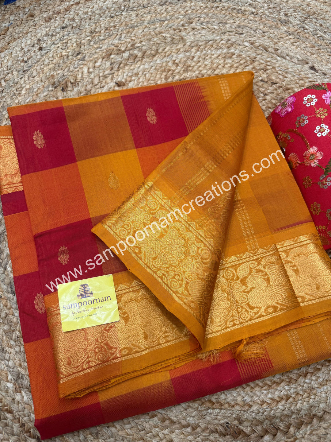 Red, Orange, Manjal with Manjal , Pallum Pazham Checks with rich butta , traditional borders and rich Pallu Silk Cotton Sarees