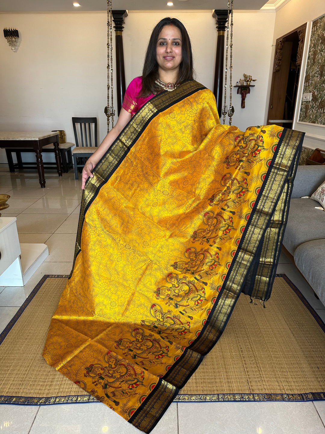 Mambazha Manjal with Black Radha Krishna Printed Korvai Silk Cotton Saree