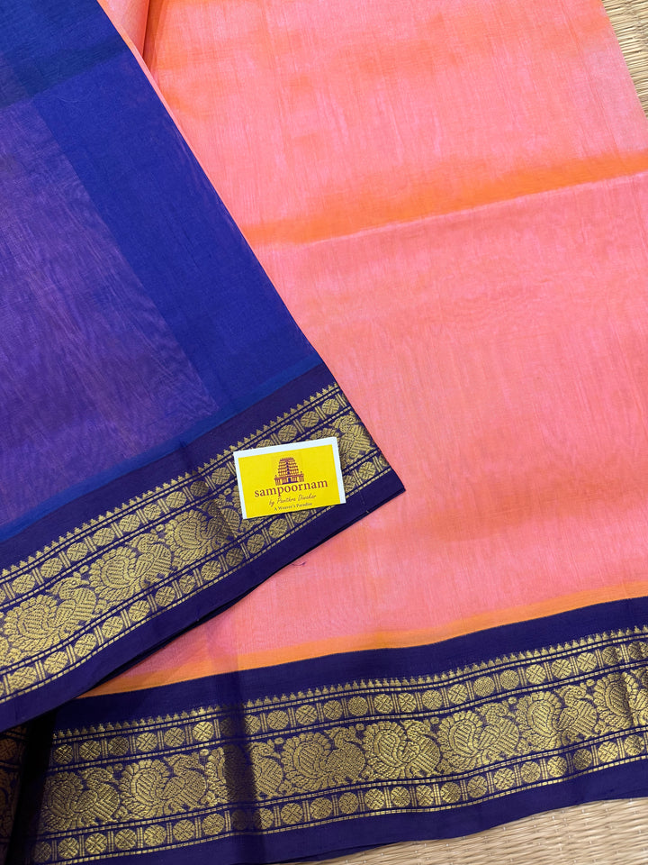 Baby Pink with Blue, traditional borders and rich Pallu Korvai Silk Cotton Saree