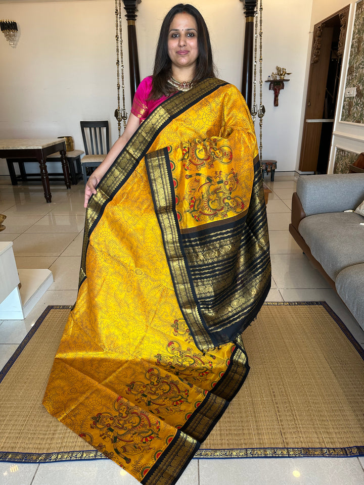 Mambazha Manjal with Black Radha Krishna Printed Korvai Silk Cotton Saree