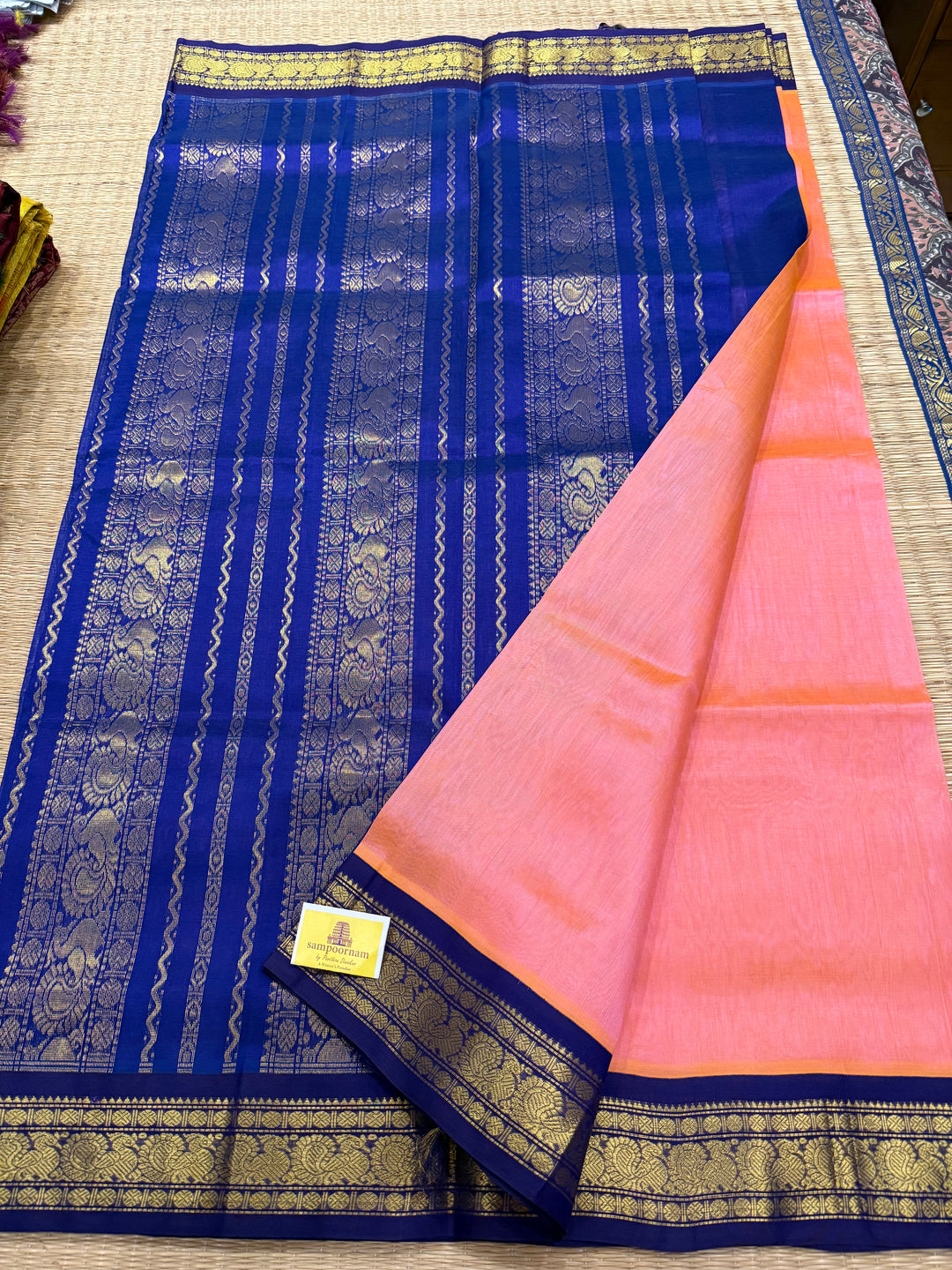 Baby Pink with Blue, traditional borders and rich Pallu Korvai Silk Cotton Saree