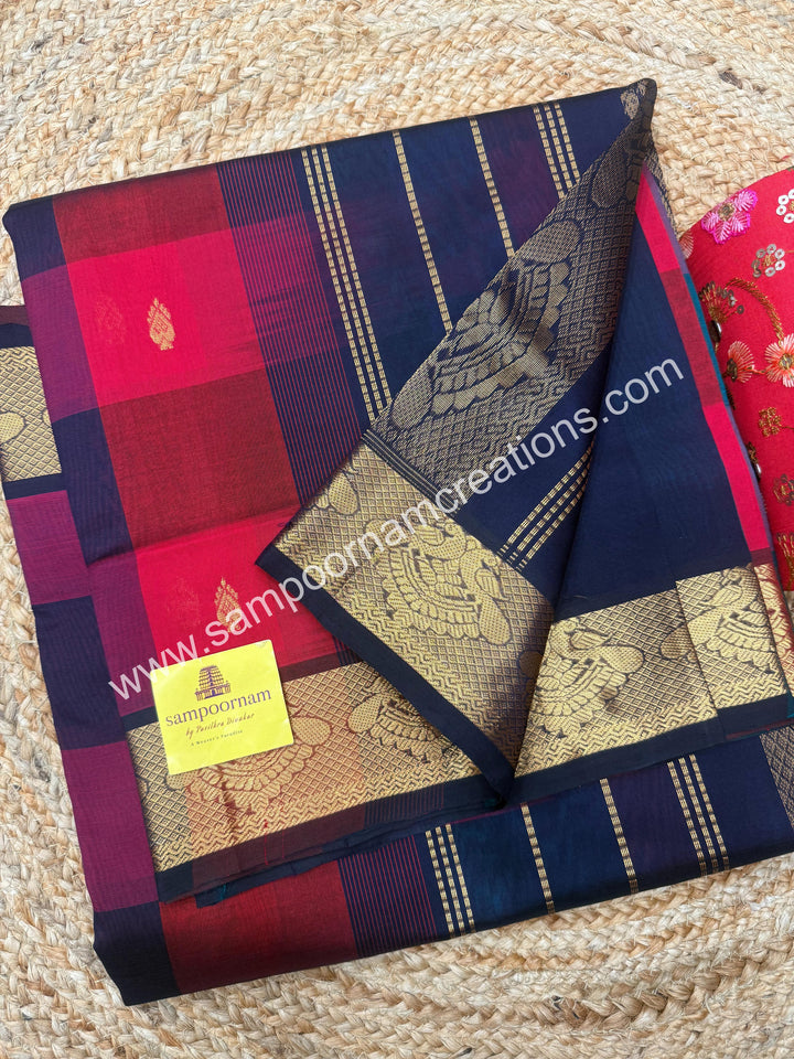 Red, Dark Blue , Green with Dark Blue ,, Pallum Pazham Checks with rich butta , traditional borders and rich Pallu Silk Cotton Sarees