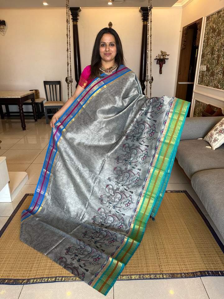 Grey with Sea Green Ganga Jamuna Border, Radha Krishna Printed Korvai Silk Cotton Saree