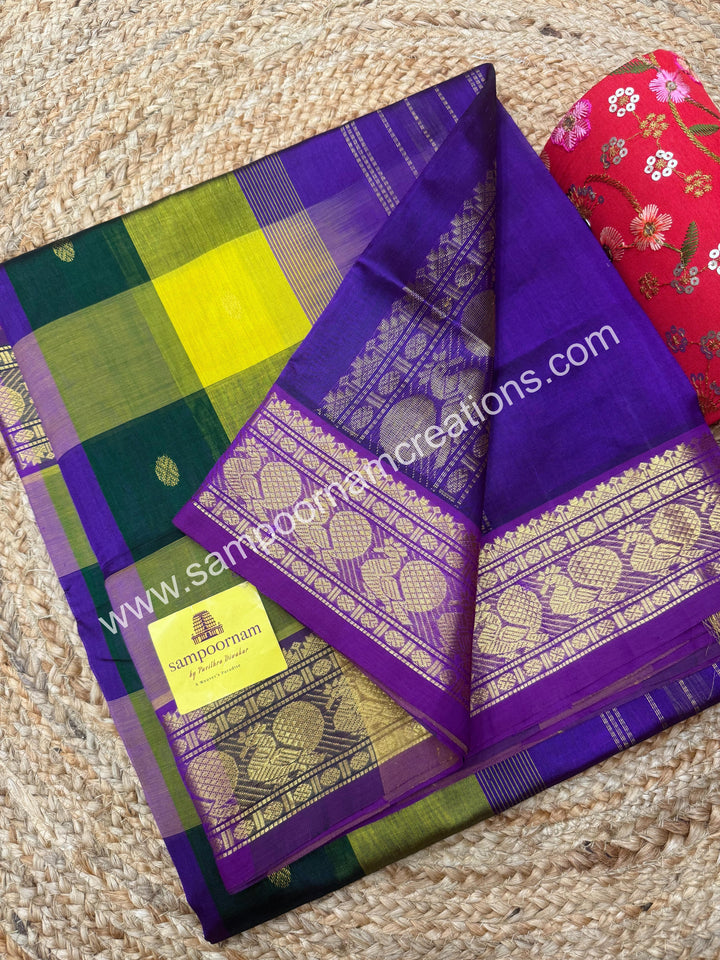 Lemon Yellow , Green , Purple with Purple , Pallum Pazham Checks with rich butta , traditional borders and rich Pallu Silk Cotton Sarees