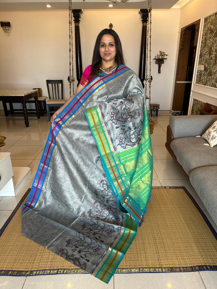 Grey with Sea Green Ganga Jamuna Border, Radha Krishna Printed Korvai Silk Cotton Saree