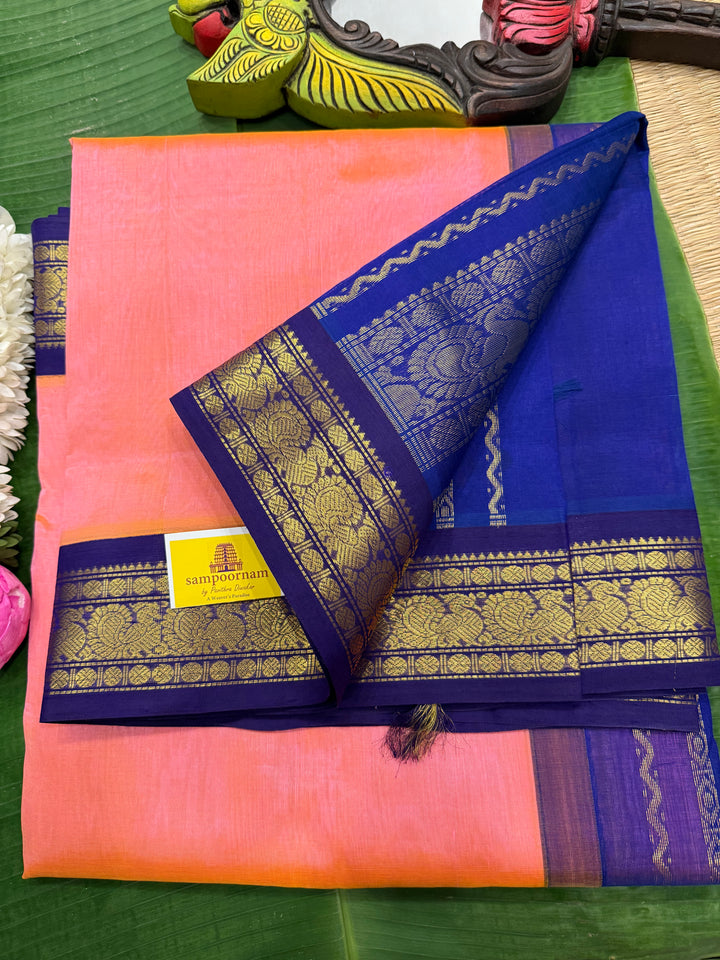 Baby Pink with Blue, traditional borders and rich Pallu Korvai Silk Cotton Saree