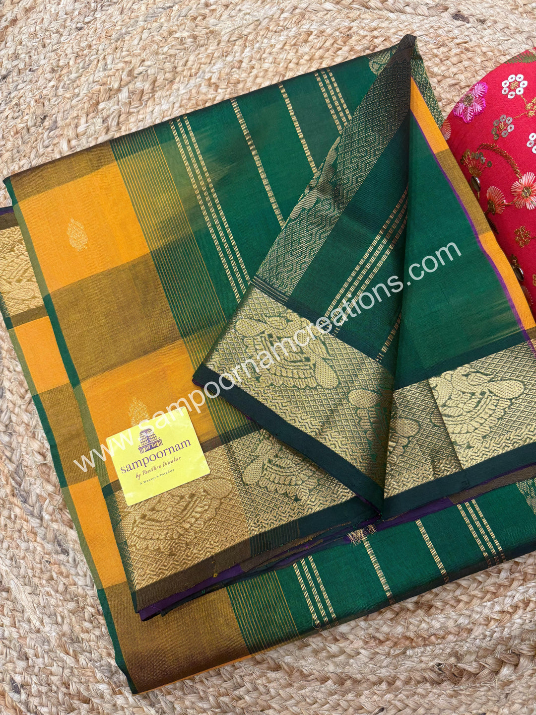 Manjal ,Green , purple with Green , Pallum Pazham Checks with rich butta , traditional borders and rich Pallu Silk Cotton Sarees