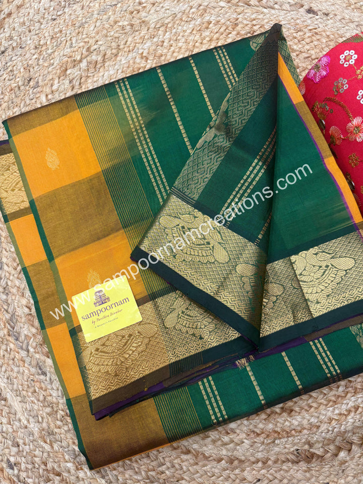 Manjal ,Green , purple with Green , Pallum Pazham Checks with rich butta , traditional borders and rich Pallu Silk Cotton Sarees