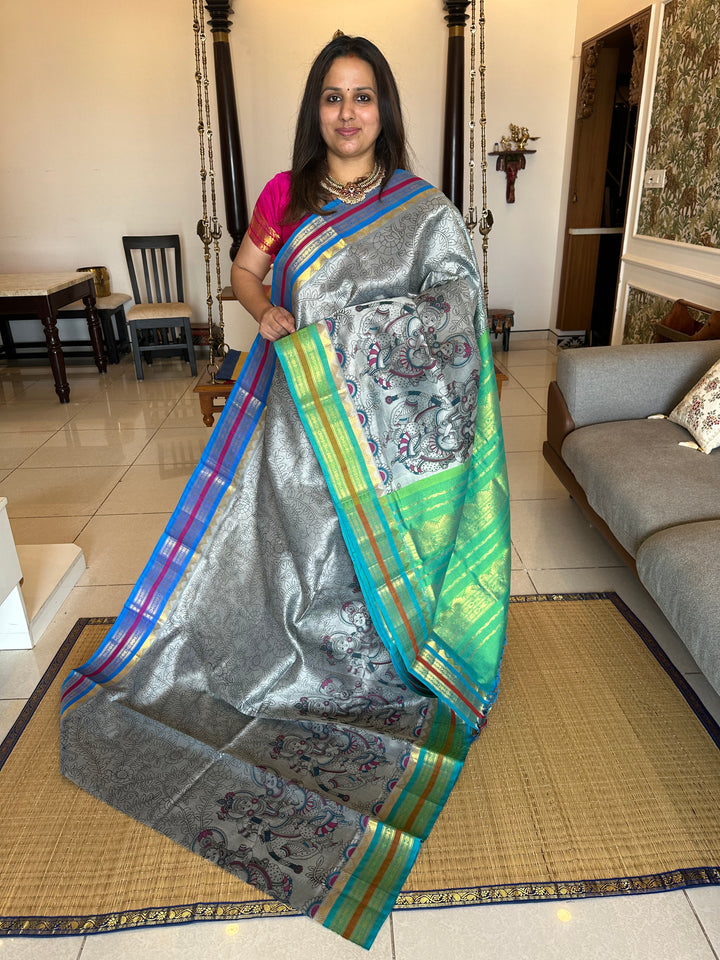 Grey with Sea Green Ganga Jamuna Border, Radha Krishna Printed Korvai Silk Cotton Saree