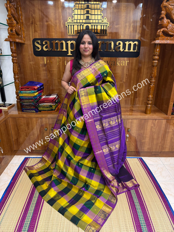 Lemon Yellow , Green , Purple with Purple , Pallum Pazham Checks with rich butta , traditional borders and rich Pallu Silk Cotton Sarees