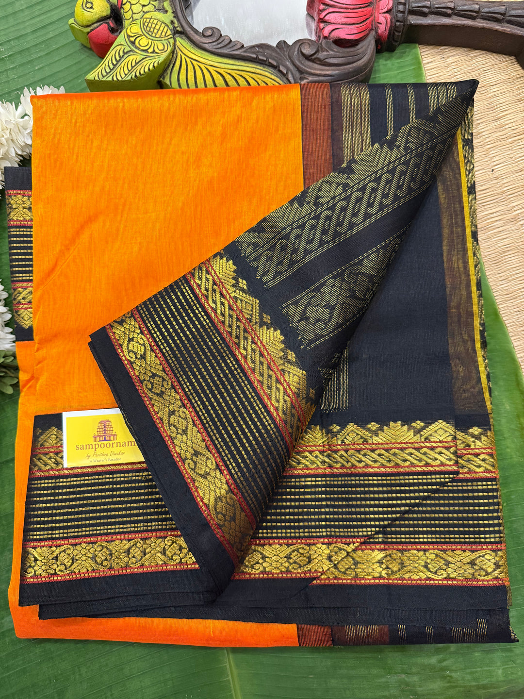 Mambazha Manjal with Black traditional borders with rich Pallu  Korvai Silk Cotton Saree