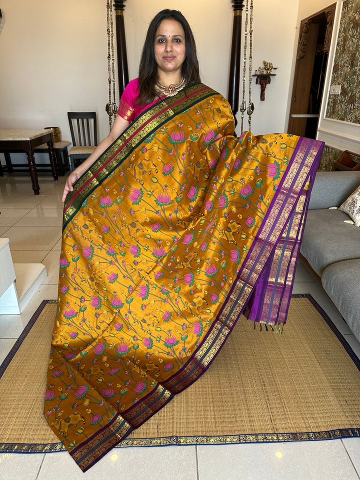 Mustard with Purple Ganga Jamuna Border Pichwai Printed Korvai Silk Cotton Saree