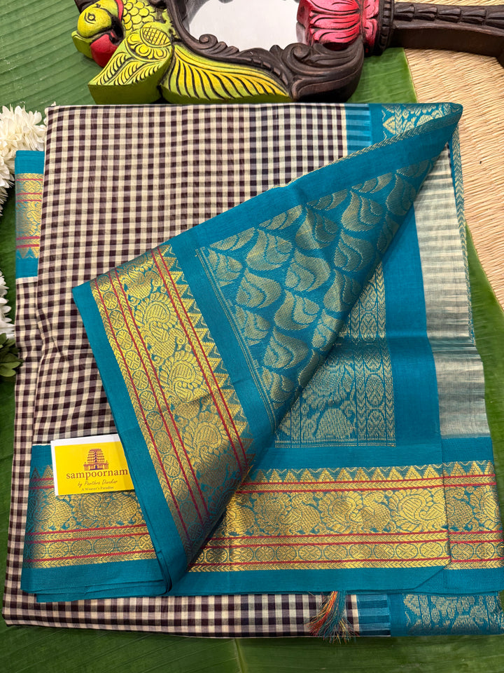 Black and White Podi kattam with Turquoise Blue , traditional borders and rich Pallu Korvai Silk Cotton Saree