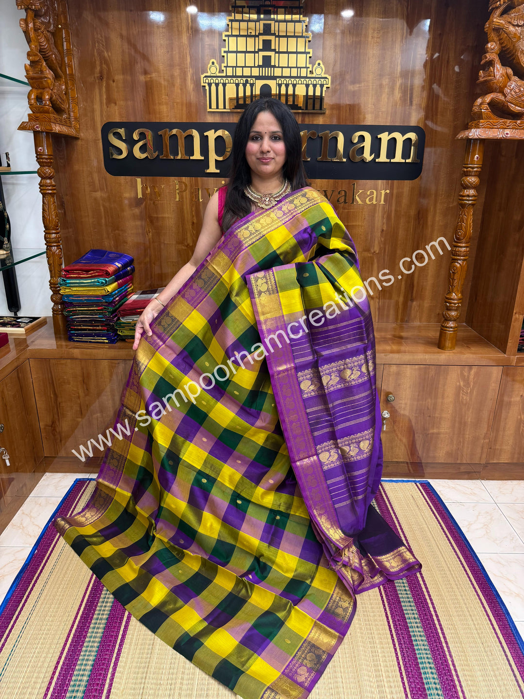 Lemon Yellow , Green , Purple with Purple , Pallum Pazham Checks with rich butta , traditional borders and rich Pallu Silk Cotton Sarees