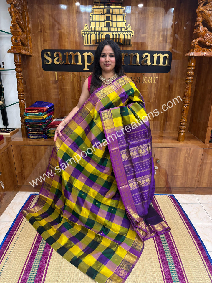Lemon Yellow , Green , Purple with Purple , Pallum Pazham Checks with rich butta , traditional borders and rich Pallu Silk Cotton Sarees