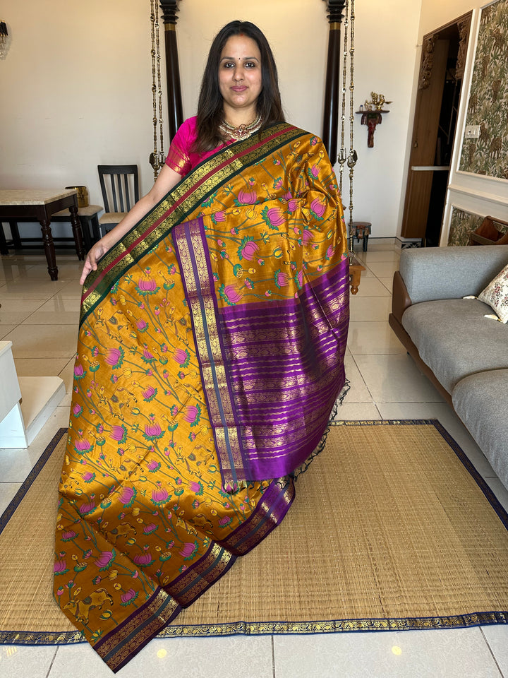 Mustard with Purple Ganga Jamuna Border Pichwai Printed Korvai Silk Cotton Saree