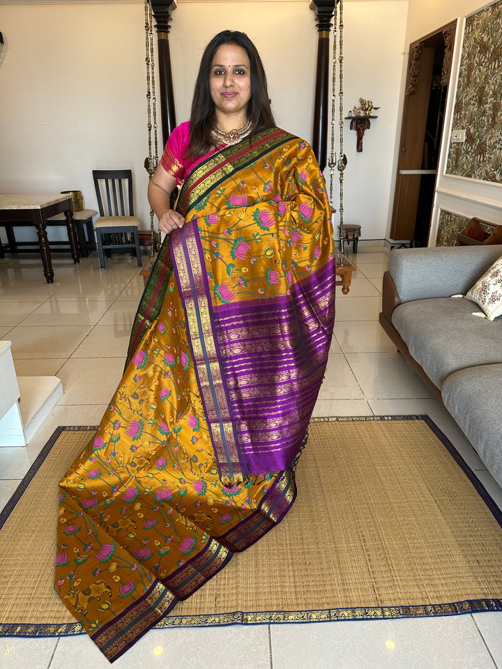 Mustard with Purple Ganga Jamuna Border Pichwai Printed Korvai Silk Cotton Saree