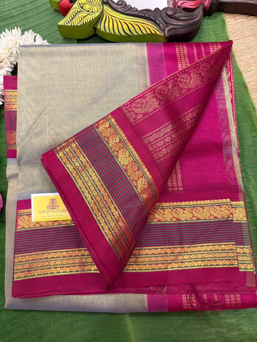 Sage Green with Magenta , traditional Kanchi borders  and rich Pallu  Korvai Silk Cotton Saree
