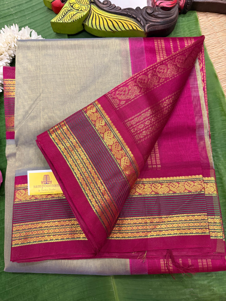 Sage Green with Magenta , traditional Kanchi borders  and rich Pallu  Korvai Silk Cotton Saree